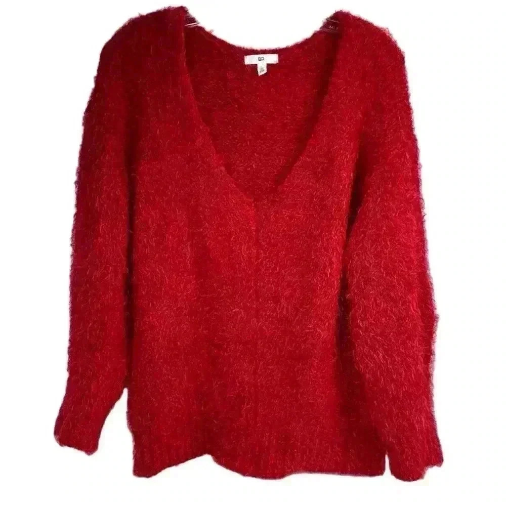 BP Women's Fuzzy V-Neck Knit Sweater Red Long Sleeve Size L‎ Casual